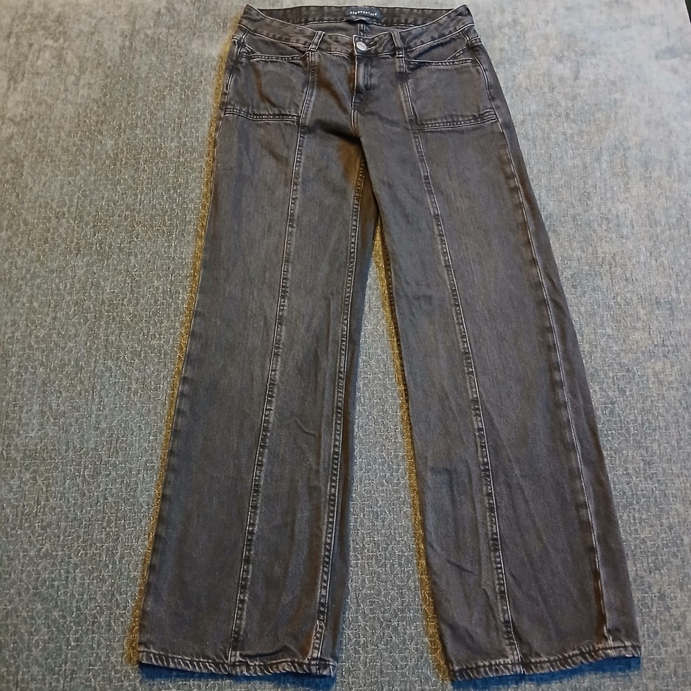Aeropostale Aero Baggy Wide Leg Jeans Black Seam Front High Rise Small R 29w